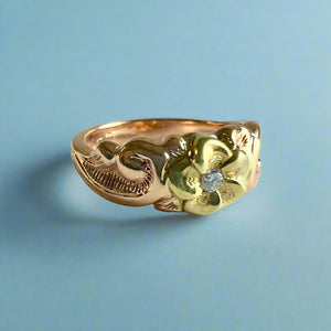 Two-tone Something Romantic Hawaiian Flower Ring with Diamond in 14K Green & Pink Gold