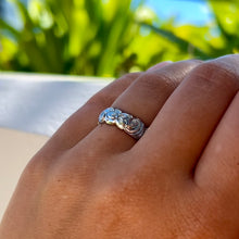 Load image into Gallery viewer, Scalloped Old English &amp; Hibiscus 6mm Ring in 14K White Gold in size 9 1/2
