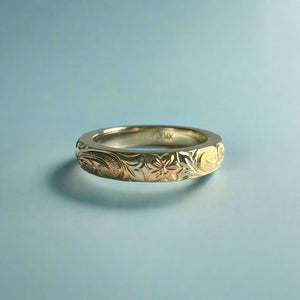 Tri-Color Hawaiian Haku Lei 3mm Ring in 14K Gold