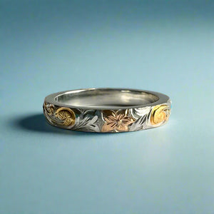 Tri-Color Hawaiian Haku Lei 3mm Ring in 18K Gold and Platinum
