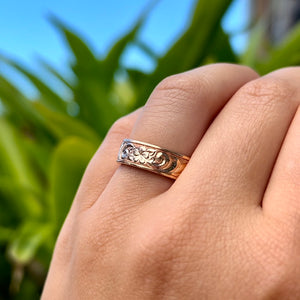 Shiny Old English & Plumeria 6mm Flat Ring in 14K Pink Gold in size 7