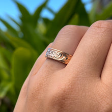 Load image into Gallery viewer, Shiny Old English &amp; Plumeria 6mm Flat Ring in 14K Pink Gold in size 7
