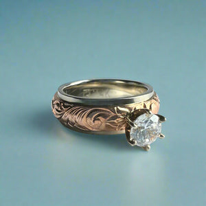 Two-Tone Old English & Hibiscus 6mm Solitaire Ring w/ Cubic Zirconia in 14K Pink & White Gold