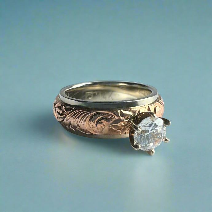 Two-Tone Old English & Hibiscus 6mm Solitaire Ring w/ Cubic Zirconia in 14K Pink & White Gold