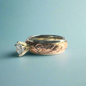 Two-Tone Old English & Hibiscus 6mm Solitaire Ring w/ Cubic Zirconia in 14K Pink & White Gold