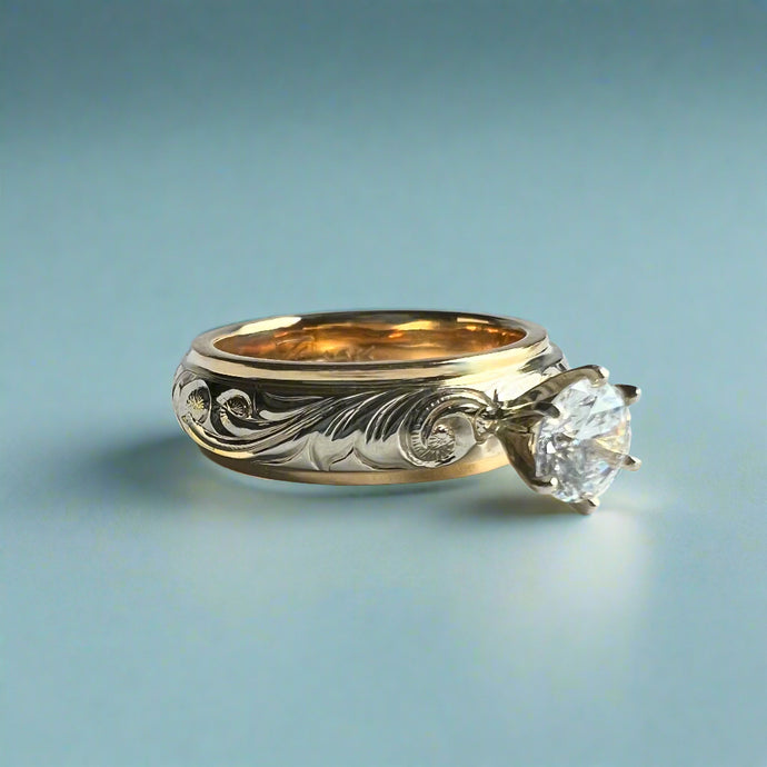 Two-Tone Old English & Plumeria 6mm Solitaire Ring w/ Cubic Zirconia in 14K Yellow & White Gold