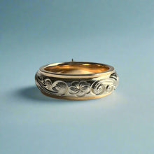 Load image into Gallery viewer, Two-Tone Old English &amp; Plumeria 6mm Solitaire Ring w/ Cubic Zirconia in 14K Yellow &amp; White Gold
