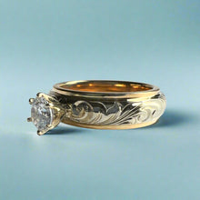 Load image into Gallery viewer, Two-Tone Old English &amp; Plumeria 6mm Solitaire Ring w/ Cubic Zirconia in 14K Yellow &amp; White Gold
