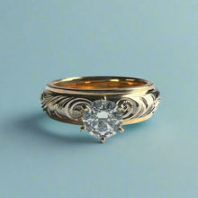 Load image into Gallery viewer, Two-Tone Old English &amp; Plumeria 6mm Solitaire Ring w/ Cubic Zirconia in 14K Yellow &amp; White Gold
