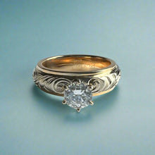 Load image into Gallery viewer, Two-Tone Old English &amp; Plumeria 6mm Solitaire Ring w/ Cubic Zirconia in 14K Yellow &amp; White Gold
