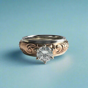 Two-Tone Old English & Hibiscus 6mm Solitaire Ring w/ Cubic Zirconia in 14K Pink & White Gold