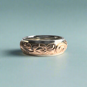 Two-Tone Old English & Hibiscus 6mm Solitaire Ring w/ Cubic Zirconia in 14K Pink & White Gold