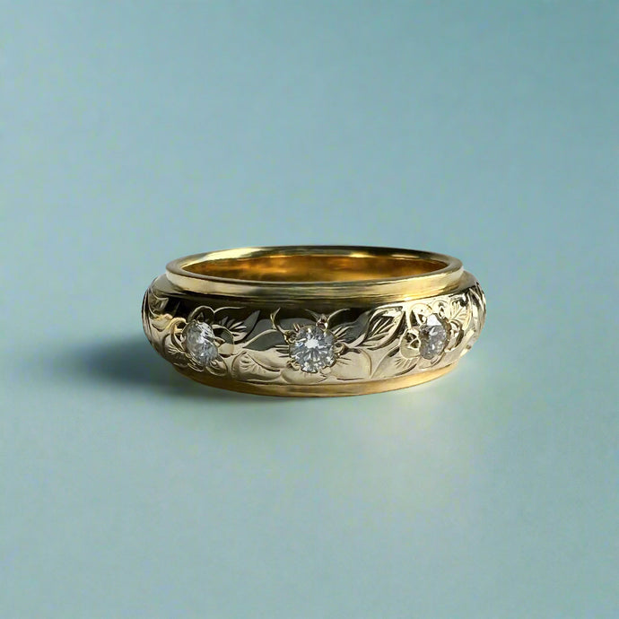 Two-Tone Plumeria, Hibiscus and Old English 6mm Ring w/ Diamonds in 18K Yellow & White Gold