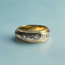 Load image into Gallery viewer, Two-Tone Plumeria, Hibiscus and Old English 6mm Ring w/ Diamonds in 18K Yellow &amp; White Gold
