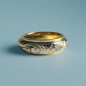 Two-Tone Plumeria, Hibiscus and Old English 6mm Ring w/ Diamonds in 18K Yellow & White Gold