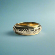 Load image into Gallery viewer, Two-Tone Plumeria, Hibiscus and Old English 6mm Ring w/ Diamonds in 18K Yellow &amp; White Gold
