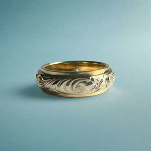 Two-Tone Plumeria, Hibiscus and Old English 6mm Ring w/ Diamonds in 18K Yellow & White Gold