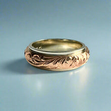 Load image into Gallery viewer, Two-Tone Old English &amp; Plumeria 6mm Ring in 14K White &amp; Pink Gold
