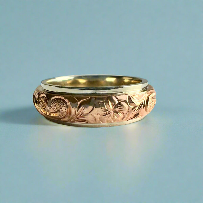 Two-Tone Old English & Plumeria 6mm Ring in 14K White & Pink Gold