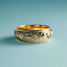 Load image into Gallery viewer, Two-Tone Old English &amp; Hibiscus 6mm Ring in 14K Yellow &amp; White Gold
