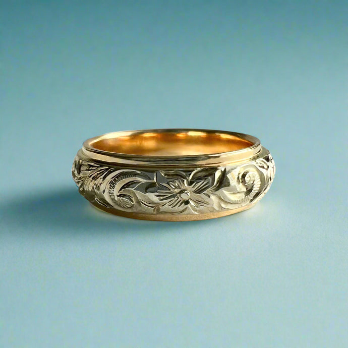 Two-Tone Old English & Hibiscus 6mm Ring in 14K Yellow & White Gold