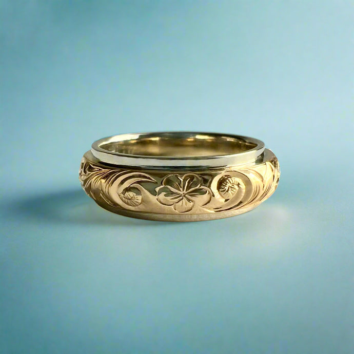 Two-Tone Old English & Plumeria 6mm Ring in 14K White & Yellow Gold