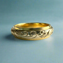 Load image into Gallery viewer, Two-Tone Old English, Hibiscus &amp; Plumeria 6mm Ring in 18K Yellow &amp; White Gold

