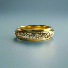 Load image into Gallery viewer, Two-Tone Old English, Hibiscus &amp; Plumeria 6mm Ring in 18K Yellow &amp; White Gold
