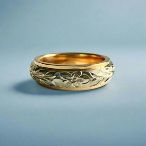 Two-Tone Maile & Hibiscus 6mm Ring in 14K Yellow & White Gold