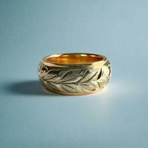 Two-Tone Maile & Plumeria 8mm Ring in 14K Yellow & White Gold