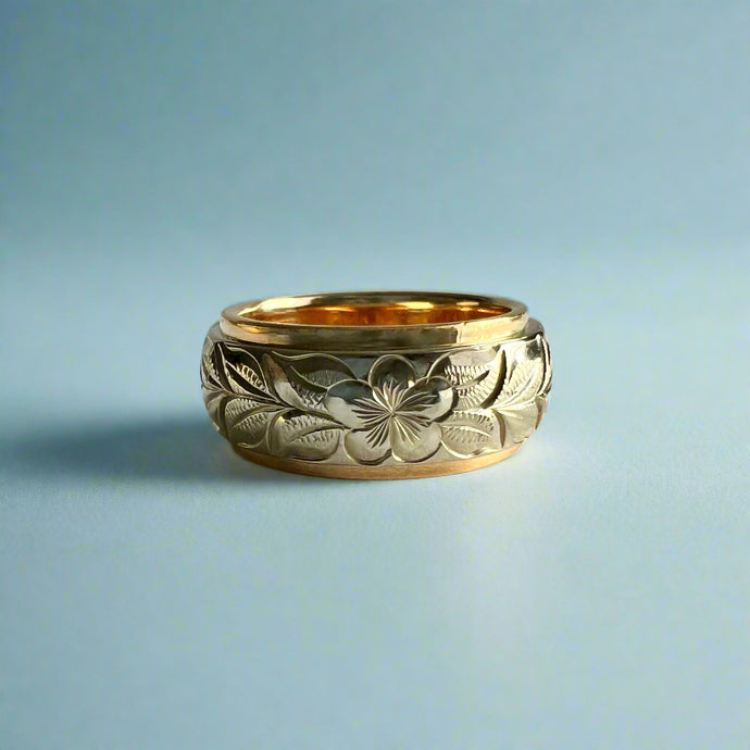 Two-Tone Maile & Plumeria 8mm Ring in 14K Yellow & White Gold