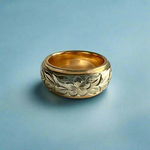 Two-Tone Maile & Plumeria 8mm Ring in 14K Yellow & White Gold