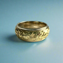 Load image into Gallery viewer, Two-Tone Maile &amp; Plumeria 8mm Hawaiian Ring in 14K White &amp; Green Gold
