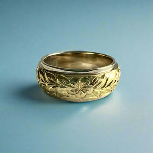 Two-Tone Maile & Plumeria 8mm Hawaiian Ring in 14K White & Green Gold