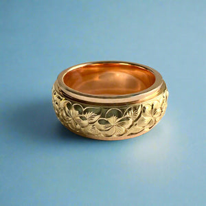 Two-Tone Plumeria with Leaves 8mm Ring in 14K Pink & Yellow Gold Size 6 5/8