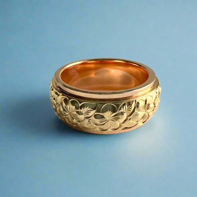 Two-Tone Plumeria with Leaves 8mm Ring in 14K Pink & Yellow Gold Size 6 5/8