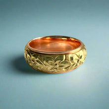 Load image into Gallery viewer, Two-Tone Hibiscus All Around 8mm Hawaiian Ring in 14K Pink &amp; Green Gold

