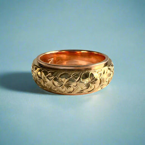 Two-Tone Plumeria with Leaves 8mm Ring in 14K Pink & Yellow Gold Size 8 1/8