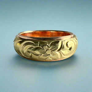 Two-Tone Old English & Hibiscus Hawaiian 8mm Ring in 14K Pink & Green Gold