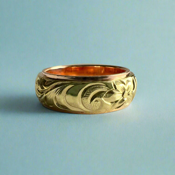 Two-Tone Old English & Hibiscus Hawaiian 8mm Ring in 14K Pink & Green Gold