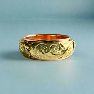 Two-Tone Old English & Hibiscus Hawaiian 8mm Ring in 14K Pink & Green Gold