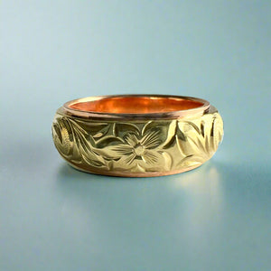 Two-Tone Old English & Hibiscus Hawaiian 8mm Ring in 14K Pink & Green Gold