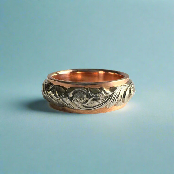 Two-Tone Scalloped Top Old English 6mm Hawaiian Ring in 14K Pink & White Gold