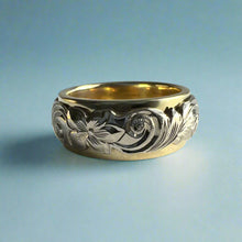 Load image into Gallery viewer, Two-Tone Scalloped Top Old English &amp; Hibiscus 8mm Ring in 14K Green &amp; White Gold

