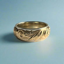 Load image into Gallery viewer, Two-Tone Scalloped Top Old English &amp; Hibiscus 8mm Ring in 14K White &amp; Yellow Gold
