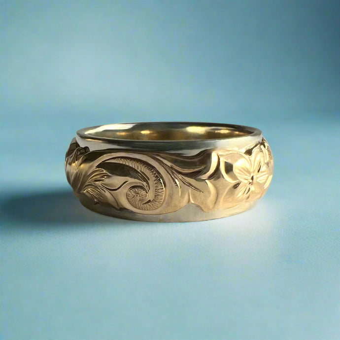 Two-Tone Scalloped Top Old English & Hibiscus 8mm Ring in 14K White & Yellow Gold