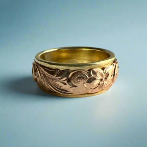 Two-Tone Scalloped Top Old English & Hibiscus 8mm Ring in 14K Green & Pink Gold