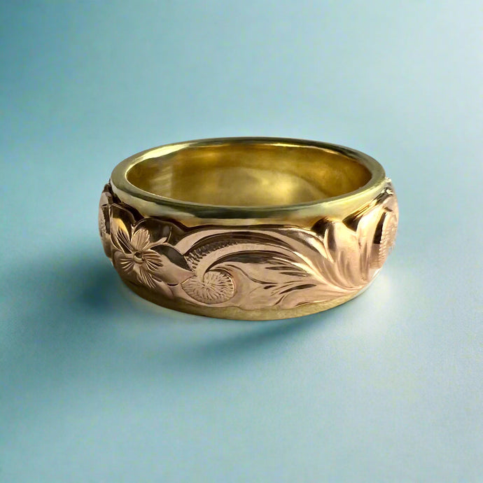 Two-Tone Scalloped Top Old English & Hibiscus 8mm Ring in 14K Green & Pink Gold