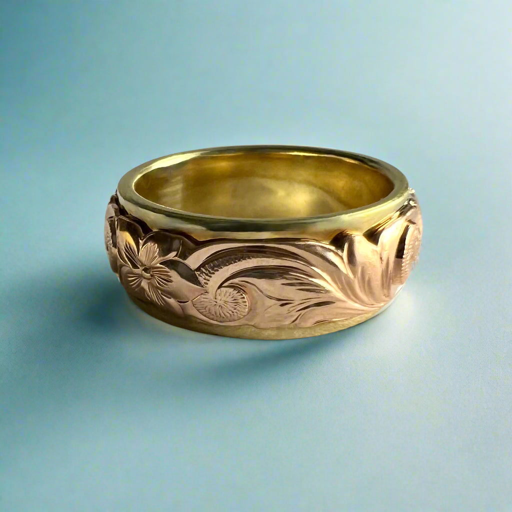 Two-Tone Scalloped Top Old English & Hibiscus 8mm Ring in 14K Green & Pink Gold