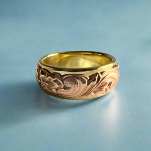Two-Tone Scalloped Top Old English & Hibiscus 8mm Ring in 14K Green & Pink Gold